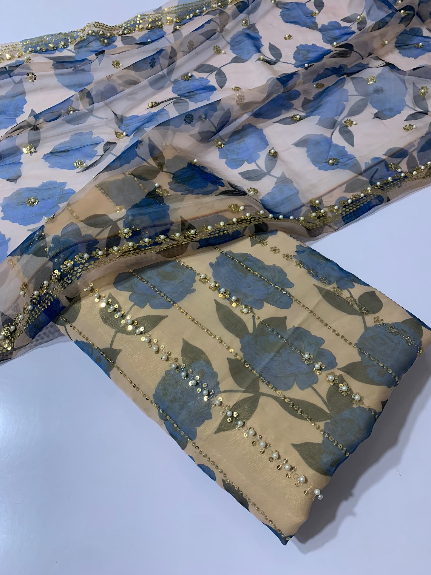 Embroidered Digital Printed Organza with Handwork