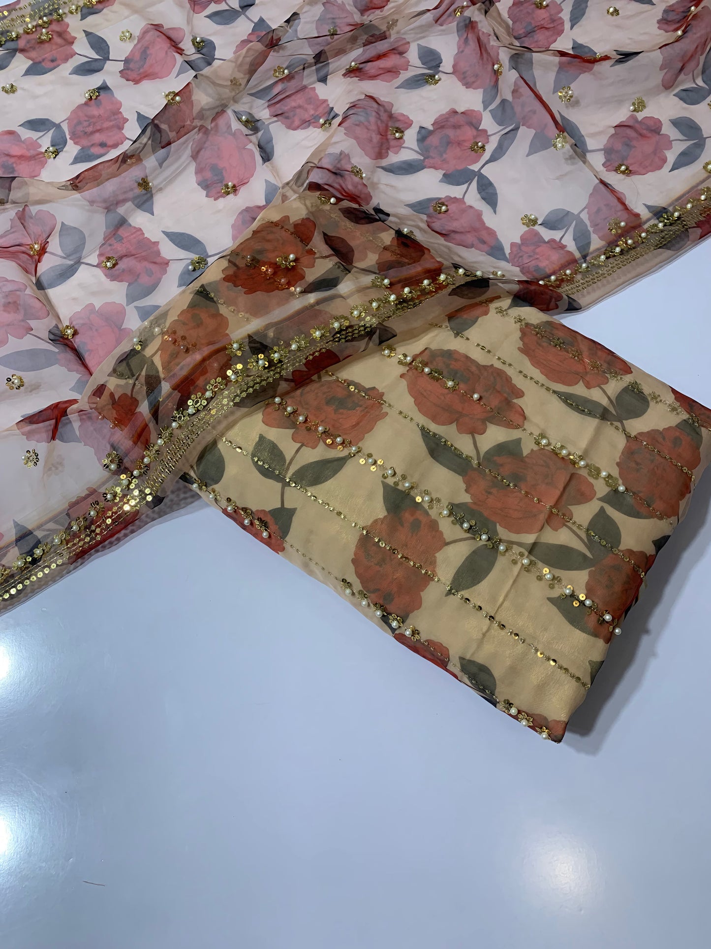 Embroidered Digital Printed Organza with Handwork