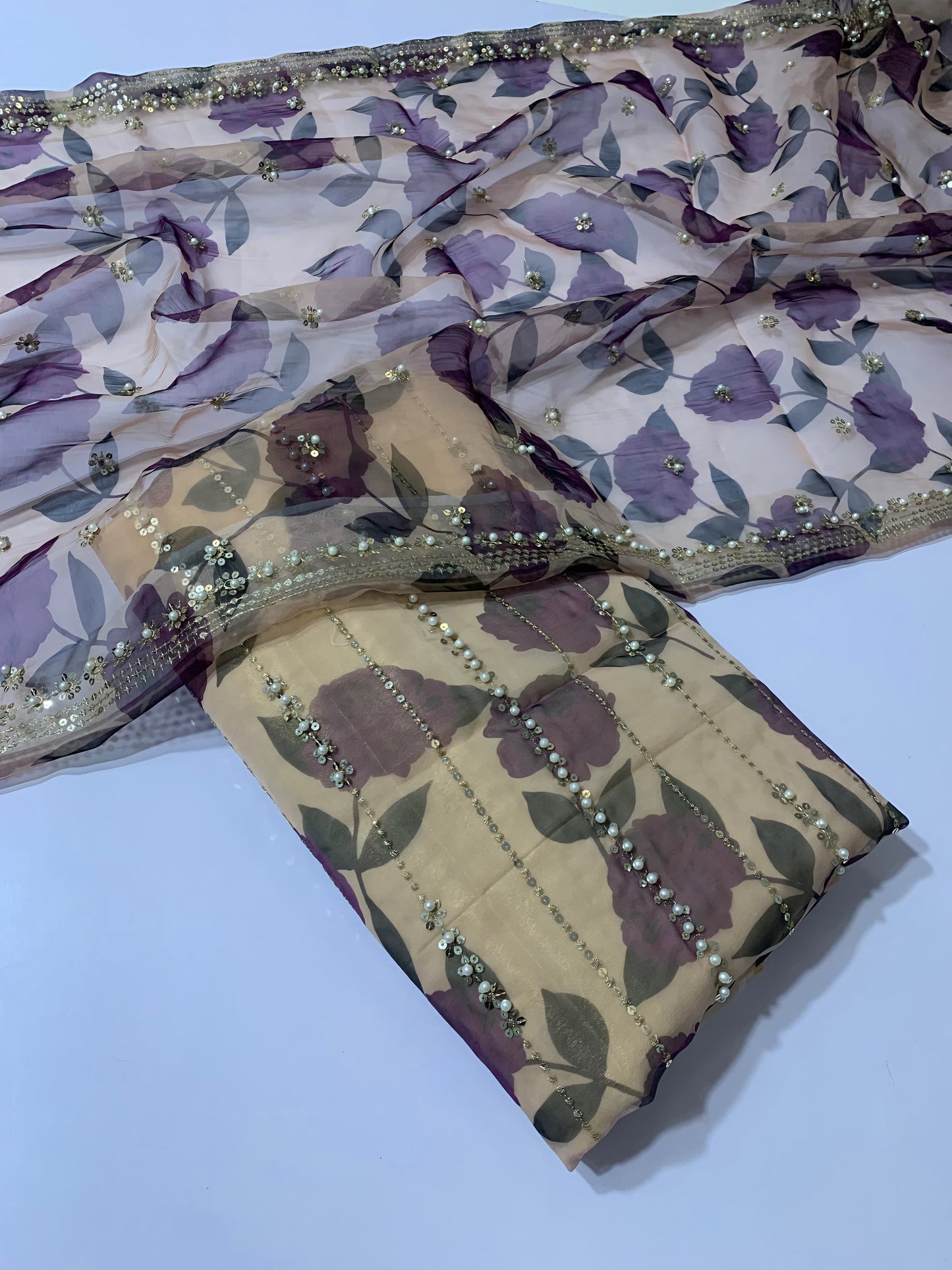 Embroidered Digital Printed Organza with Handwork