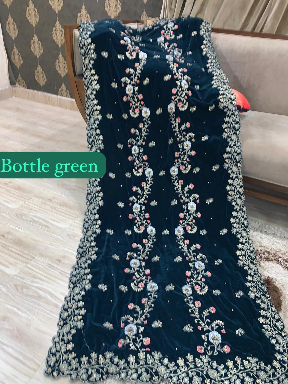 Velvet Embroidered Shawl - Bottle Green
