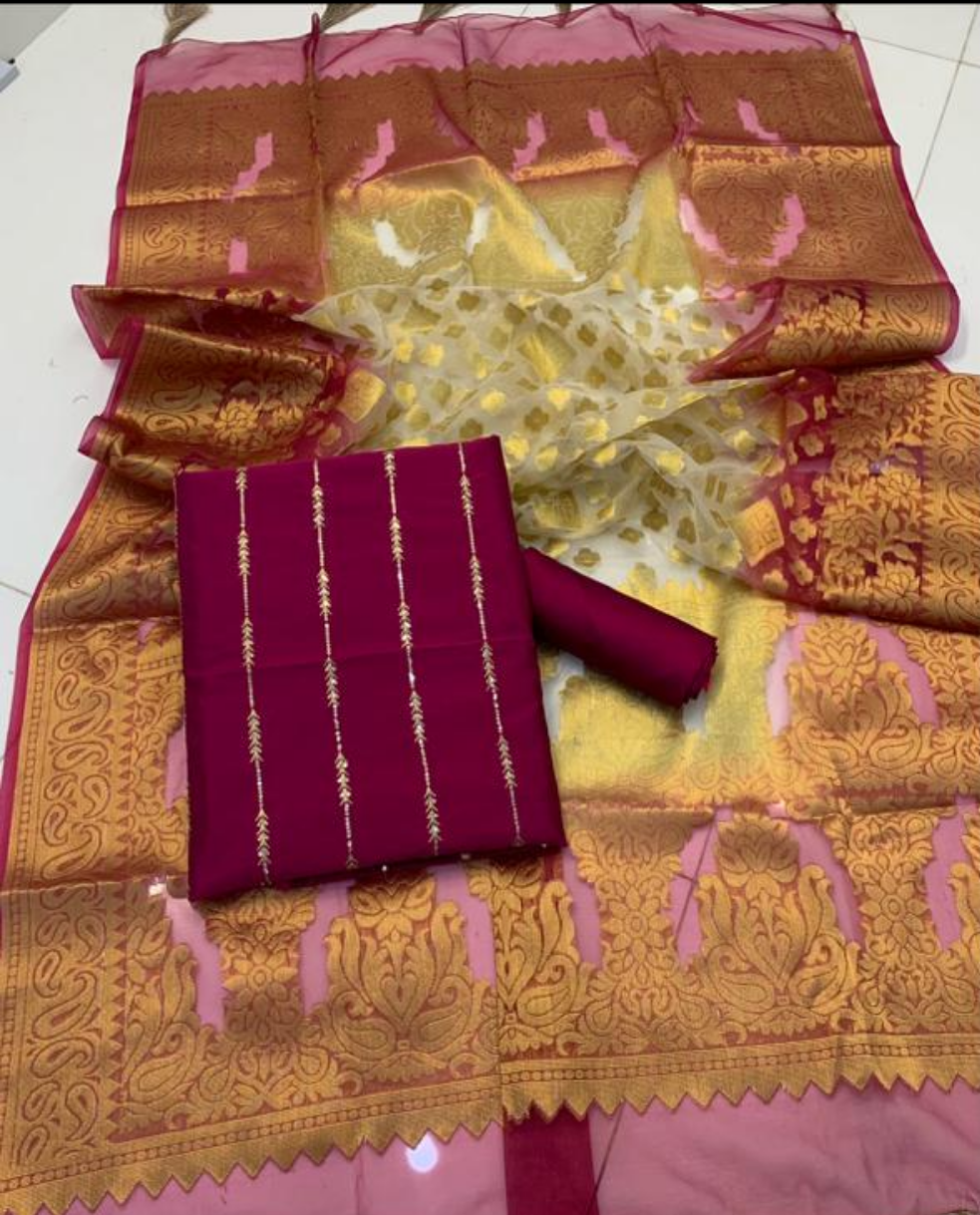 Raw Silk Embroidered Partywear 3pc Dress - Pink