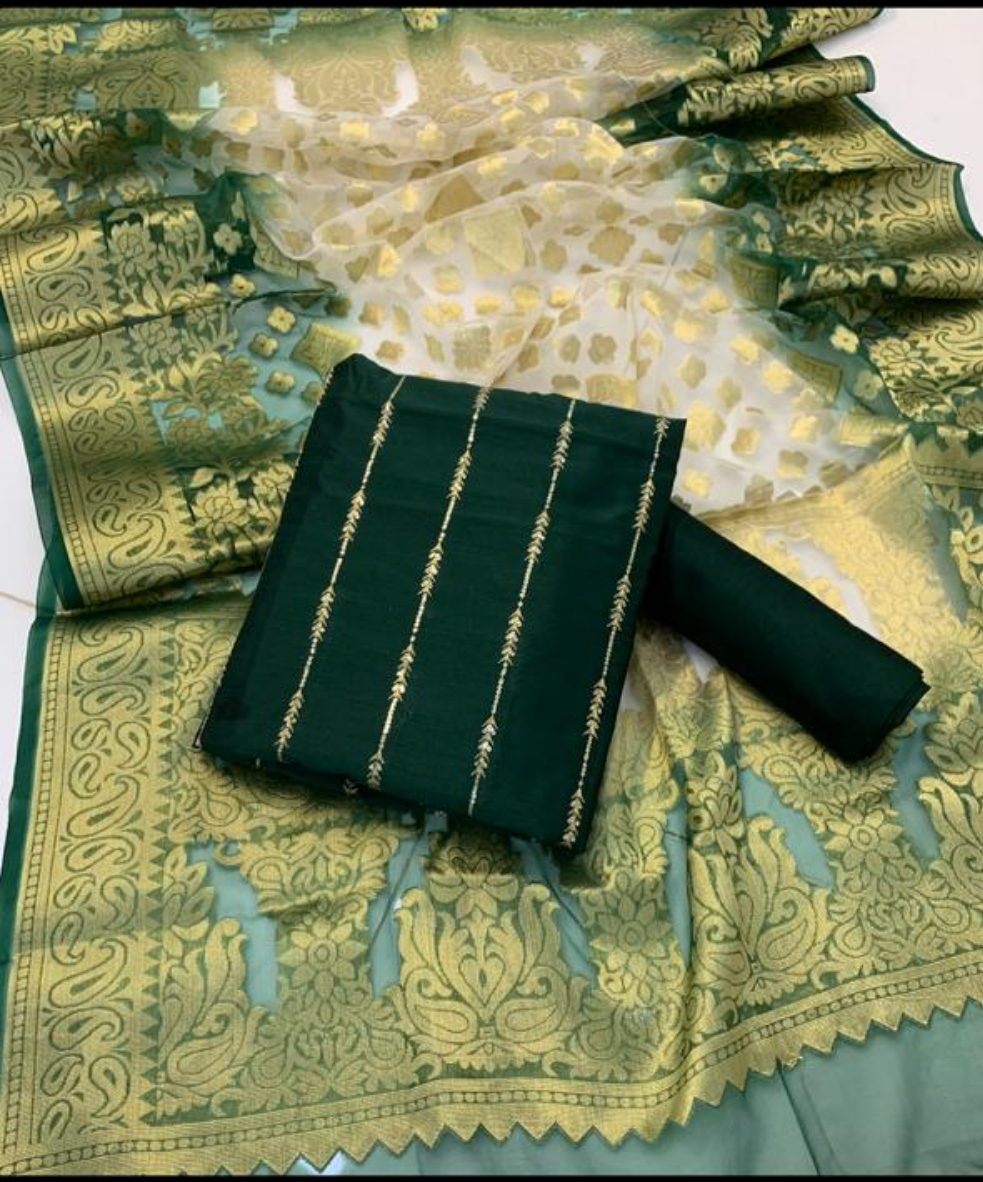 Raw Silk Embroidered Partywear 3pc Dress - Bottle Green