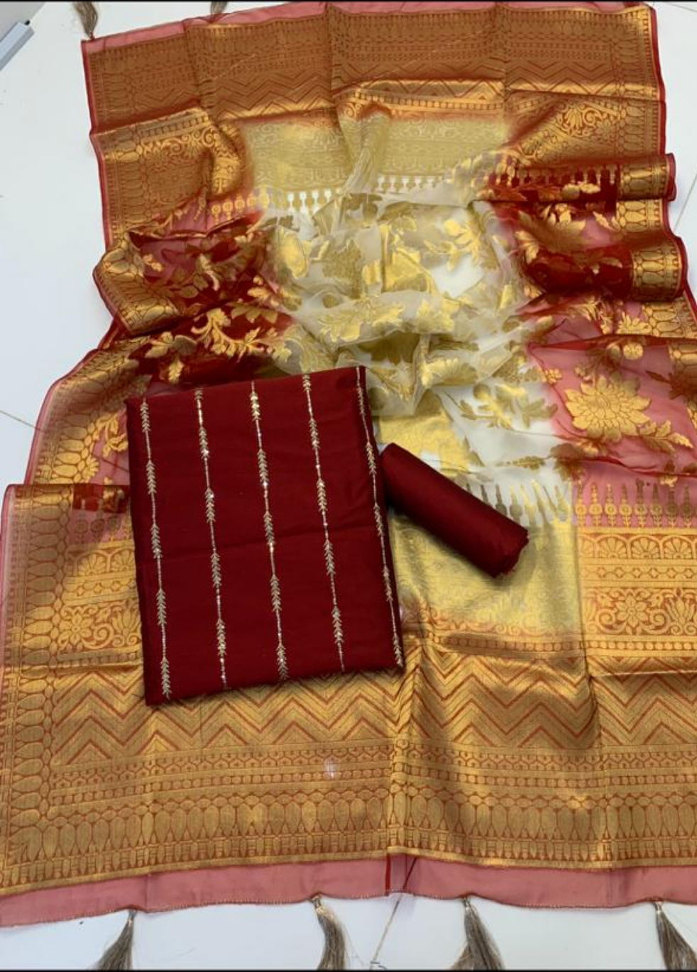 Raw Silk Embroidered Partywear 3pc Dress - Maroon