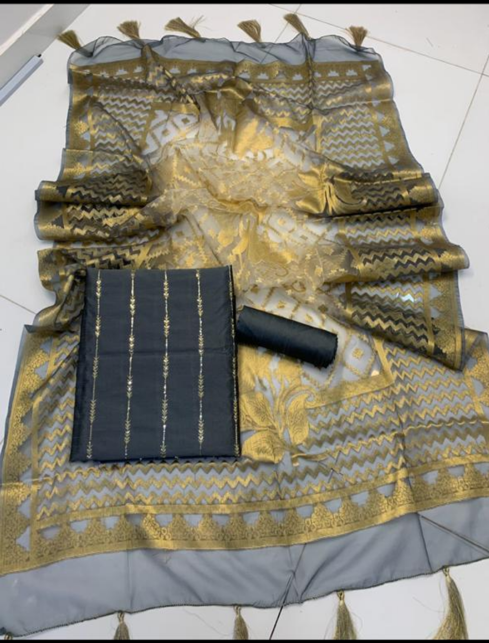 Raw Silk Embroidered Partywear 3pc Dress - Grey