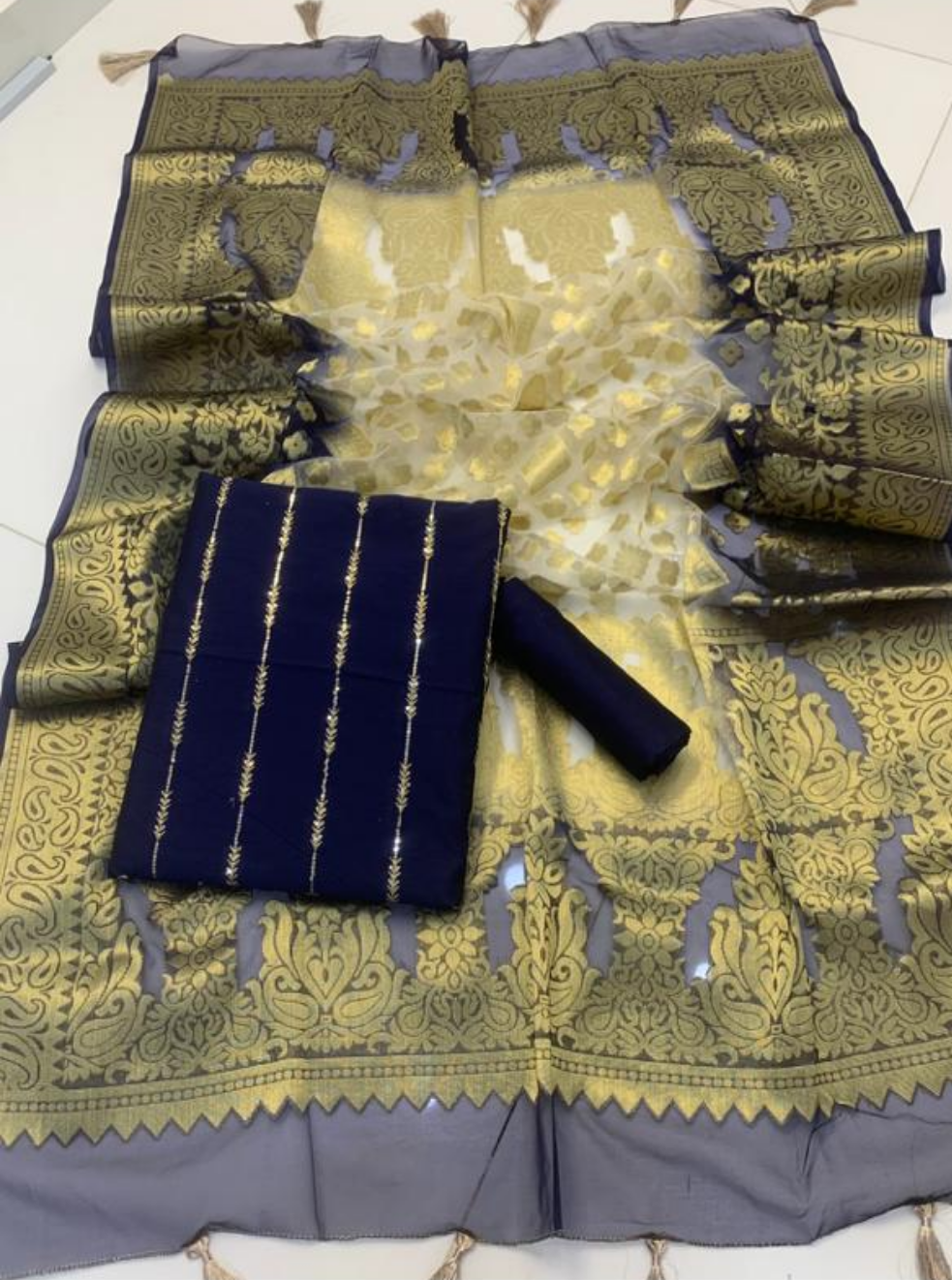 Raw Silk Embroidered Partywear 3pc Dress - Navy Blue