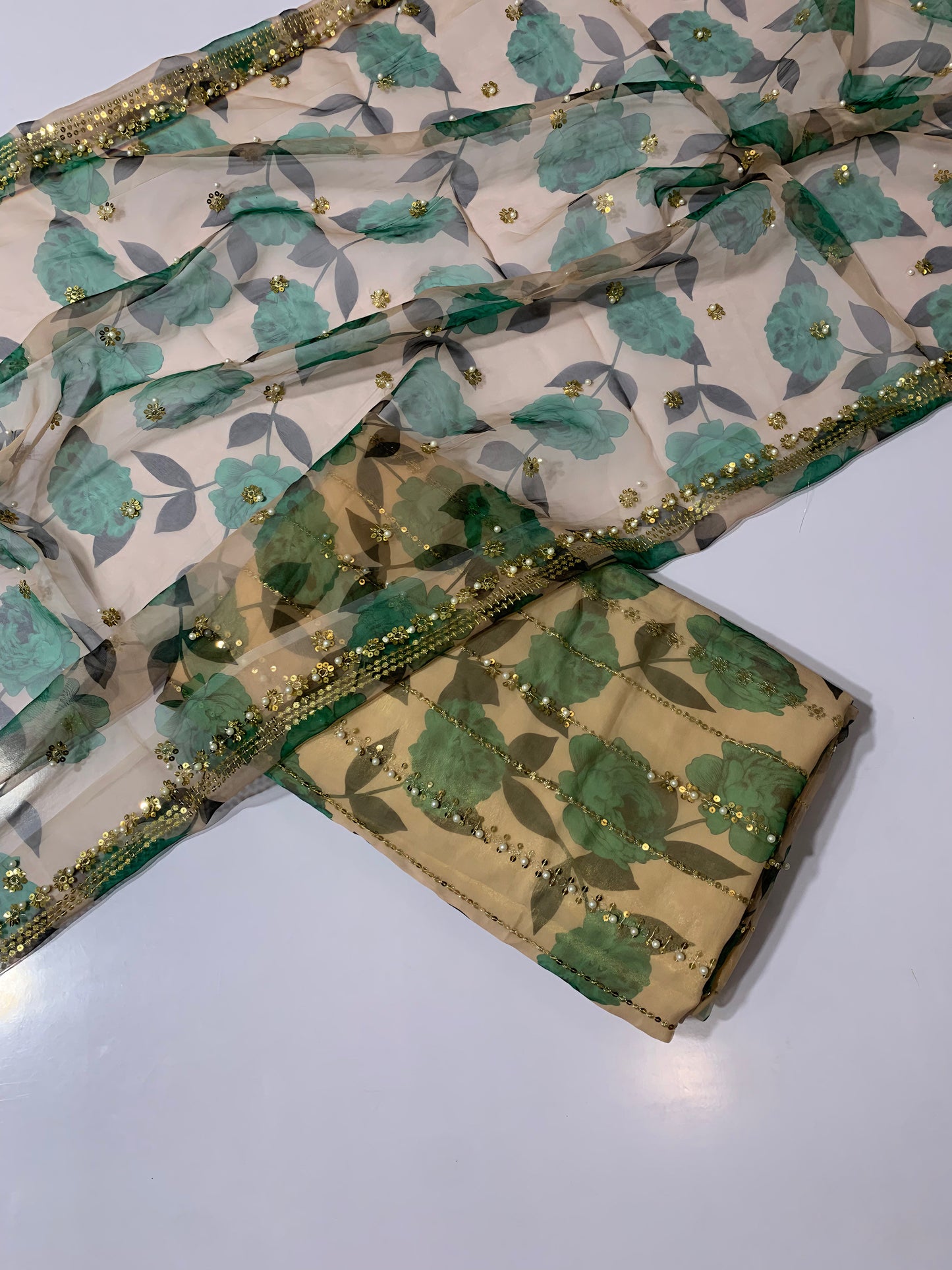 Embroidered Digital Printed Organza with Handwork