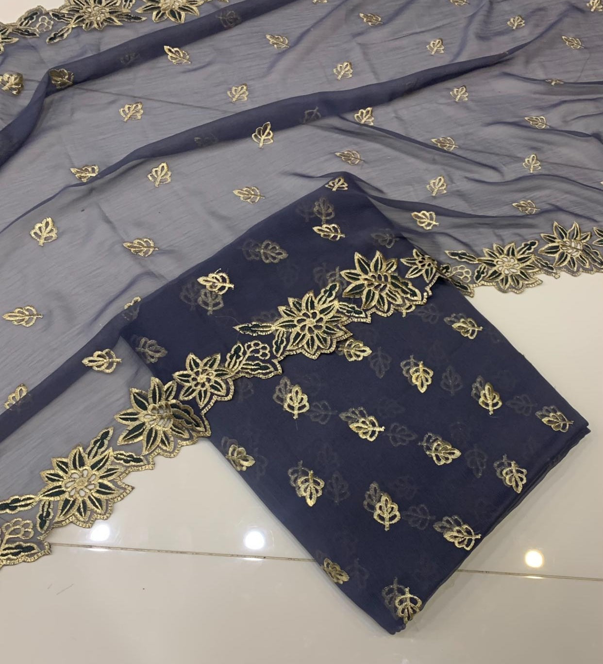 Embroidered Chiffon 3pc with Cutwork Dupatta