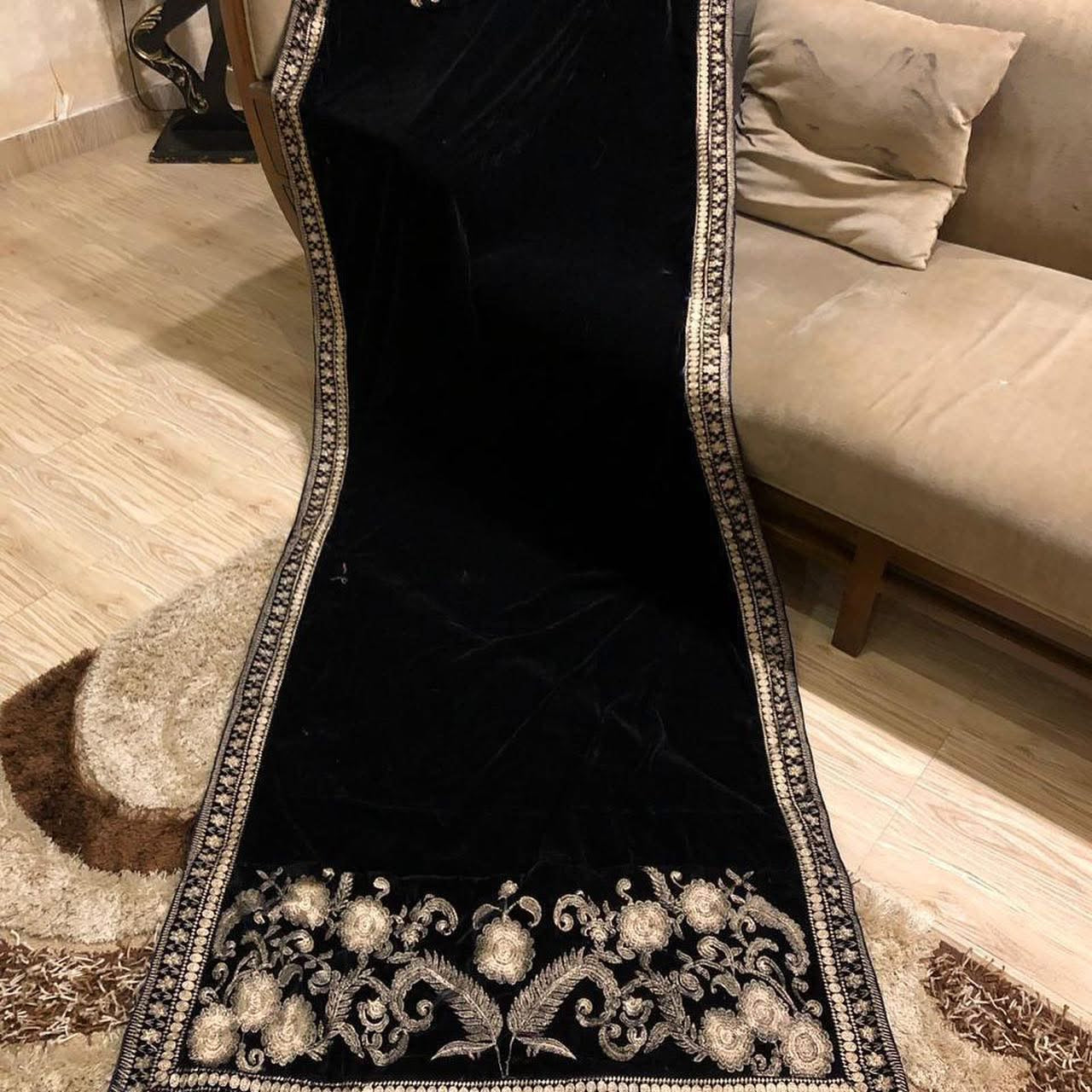 Velvet Embroidered Shawl - Jet Black