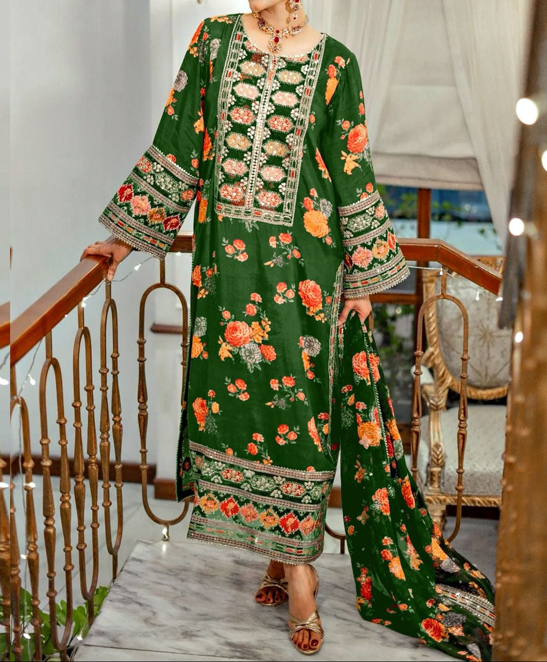 Embroidered Silk 3pc Digital Printed