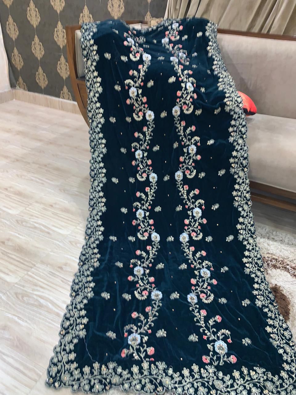 Velvet Embroidered Shawl - Peacock