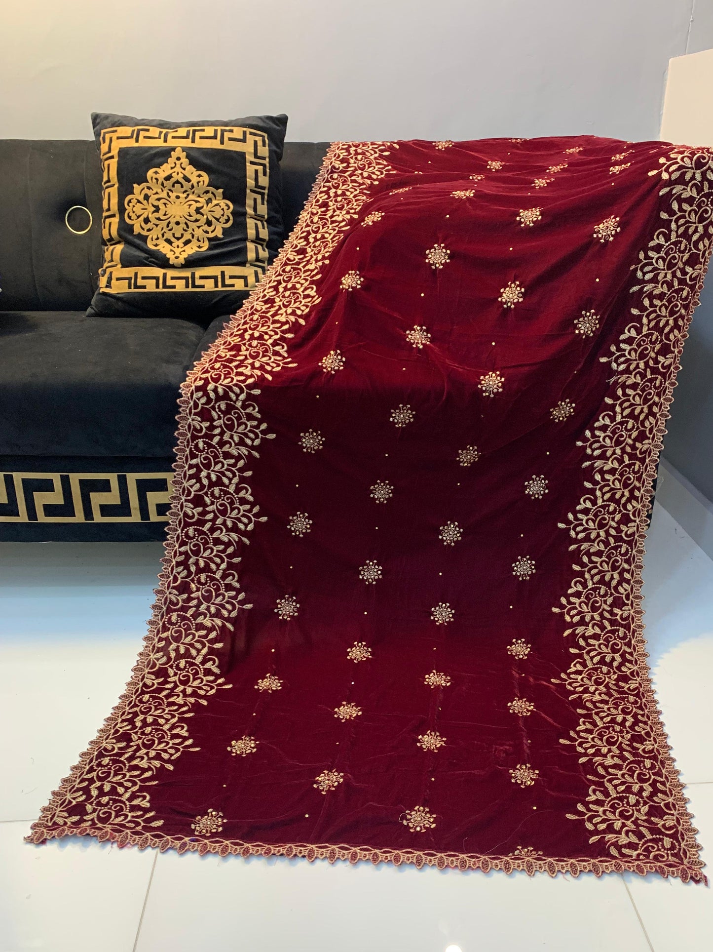 Velvet Embroidered Shawl - Maroon