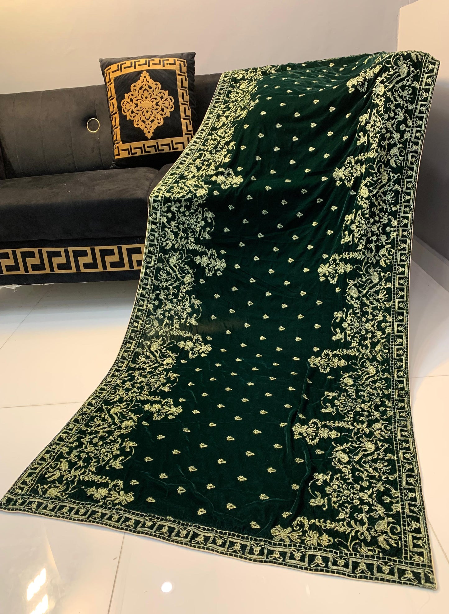 Velvet Embroidered Shawl - Bottle Green