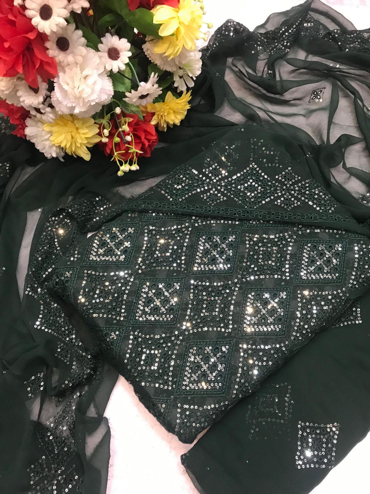 Chikankari Chiffon 3pc Embroidered Dress