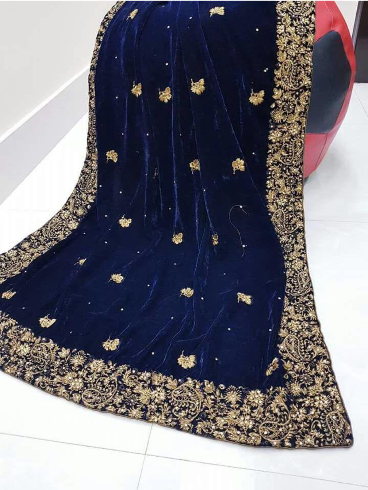 Velvet Embroidered Shawl - Navy Blue