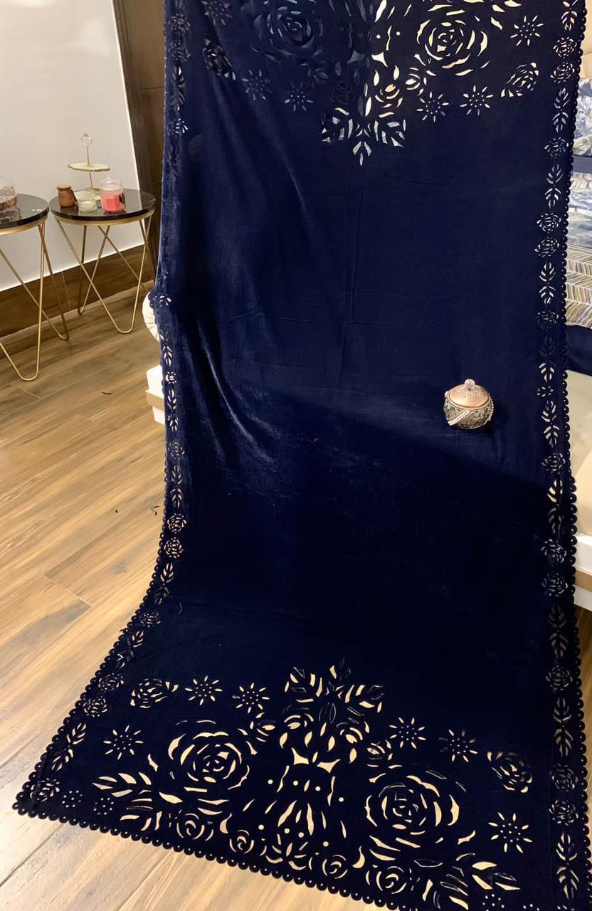Laser Cut Velvet Shawl Navy Blue