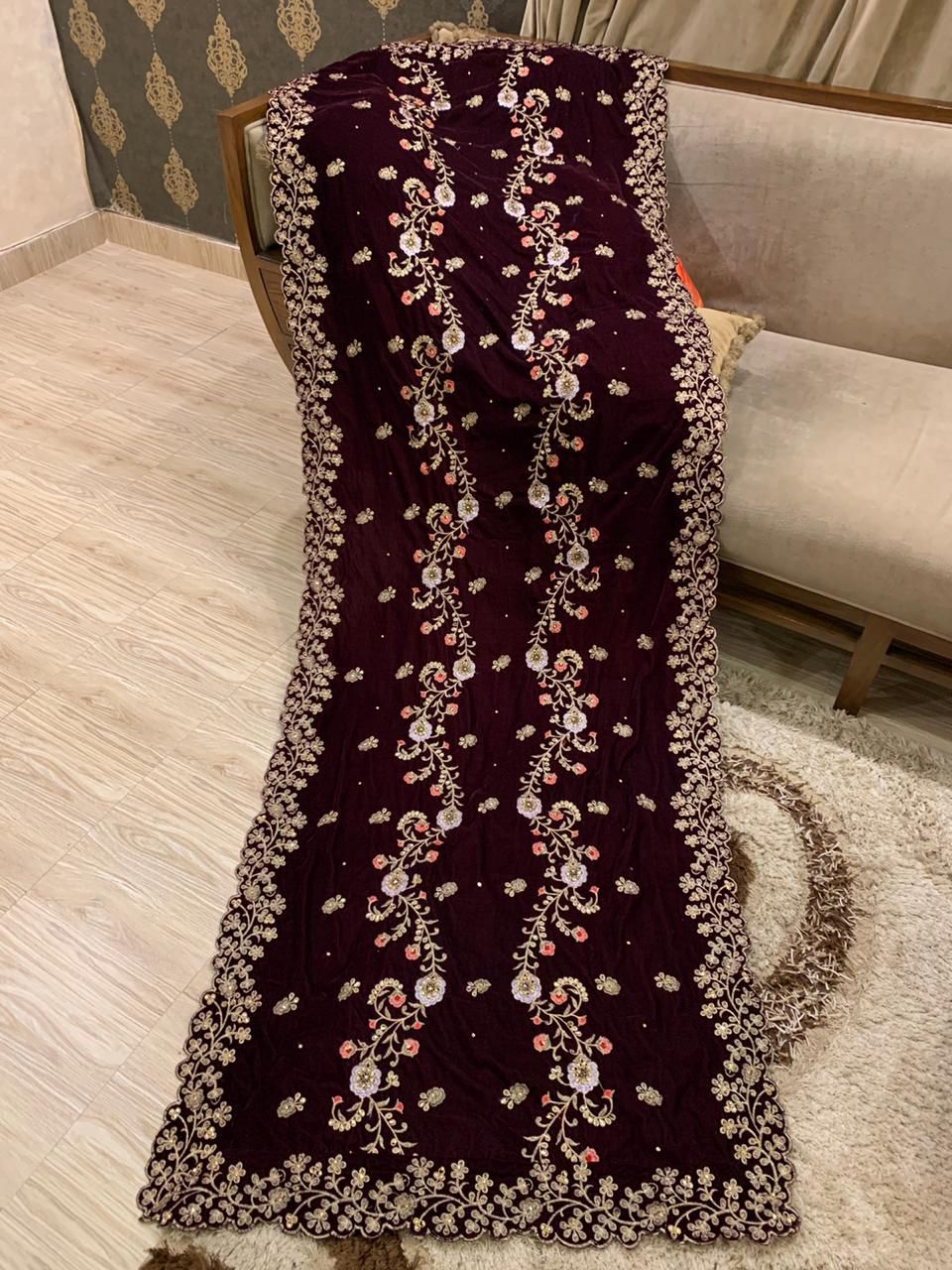 Velvet Embroidered Shawl - Maroon