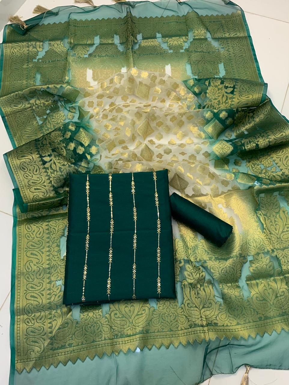 Raw Silk Embroidered Partywear 3pc Dress - Sea Green