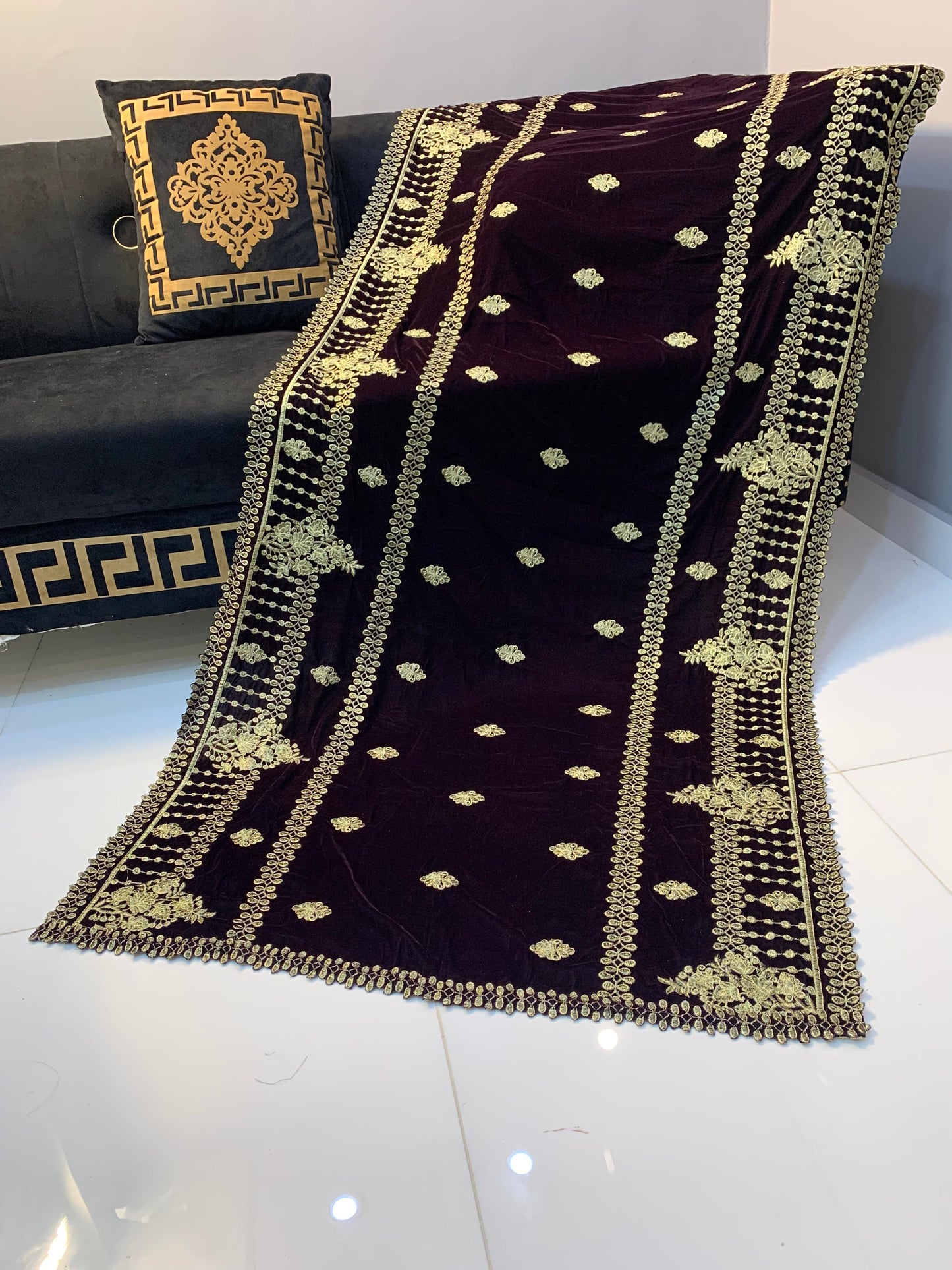 Velvet Embroidered Shawl - Dark Burgundy