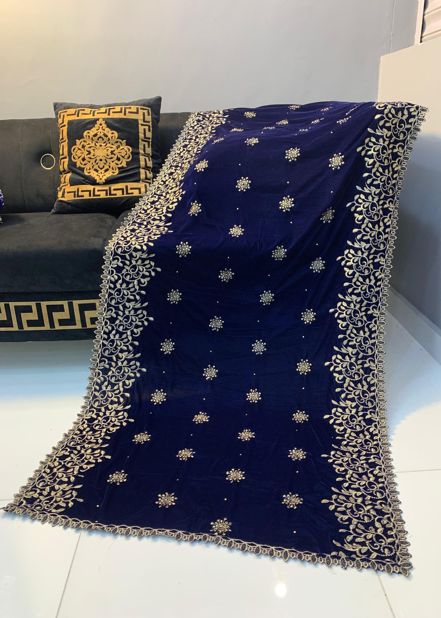 Velvet Embroidered Shawl - Navy Blue