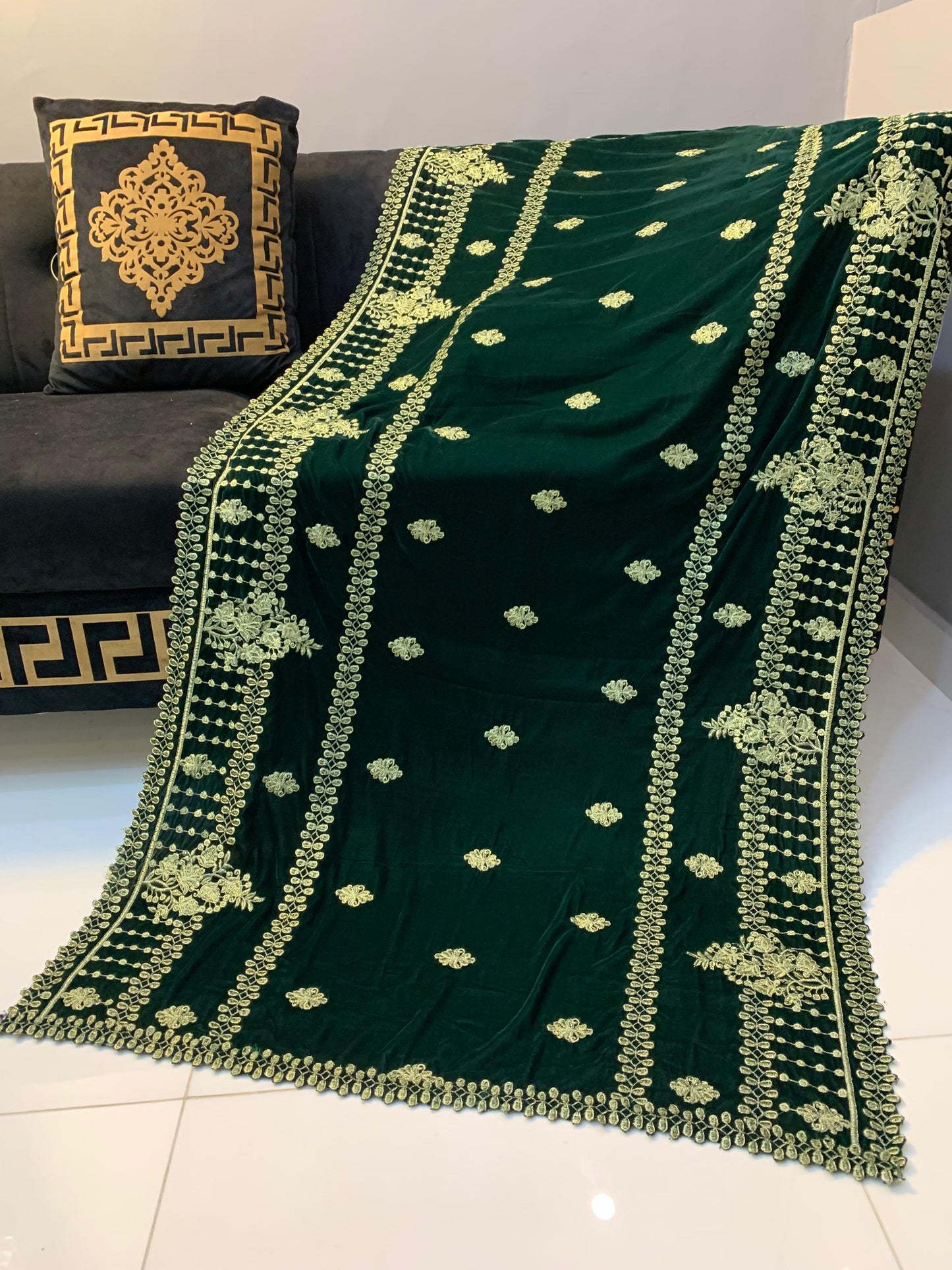Velvet Embroidered Shawl - Bottle Green