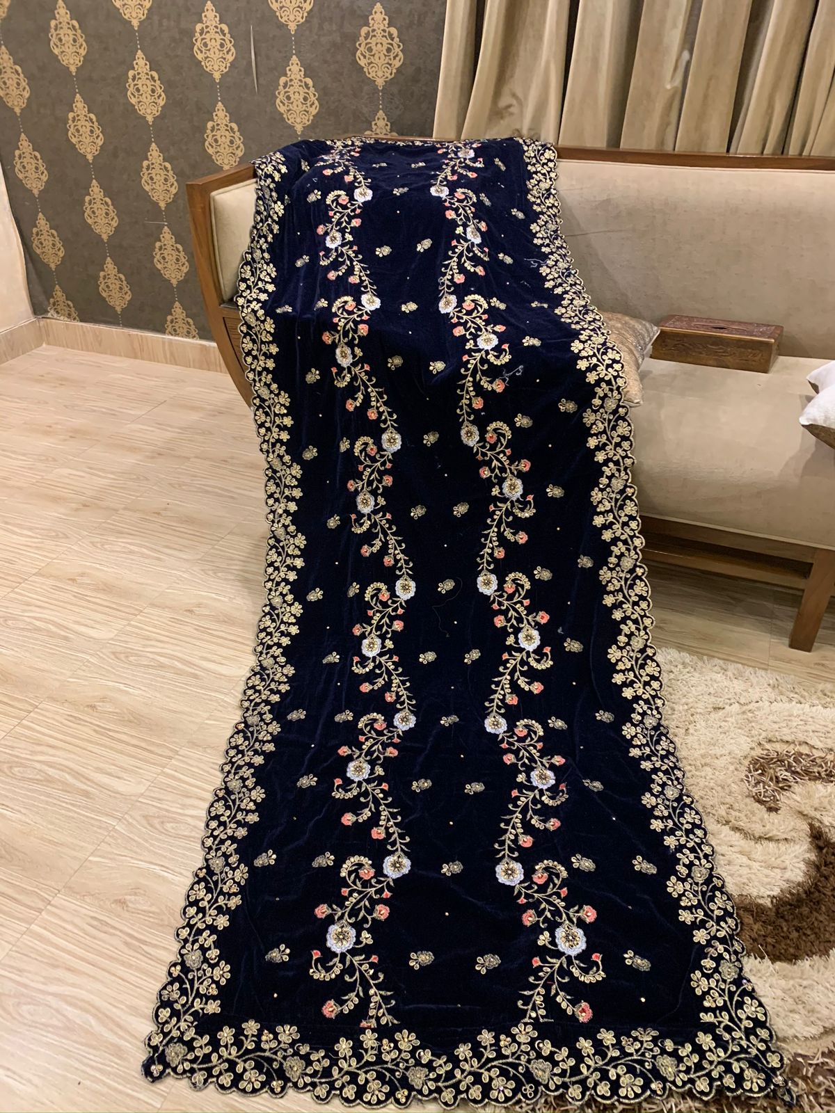 Velvet Embroidered Shawl - Navy Blue