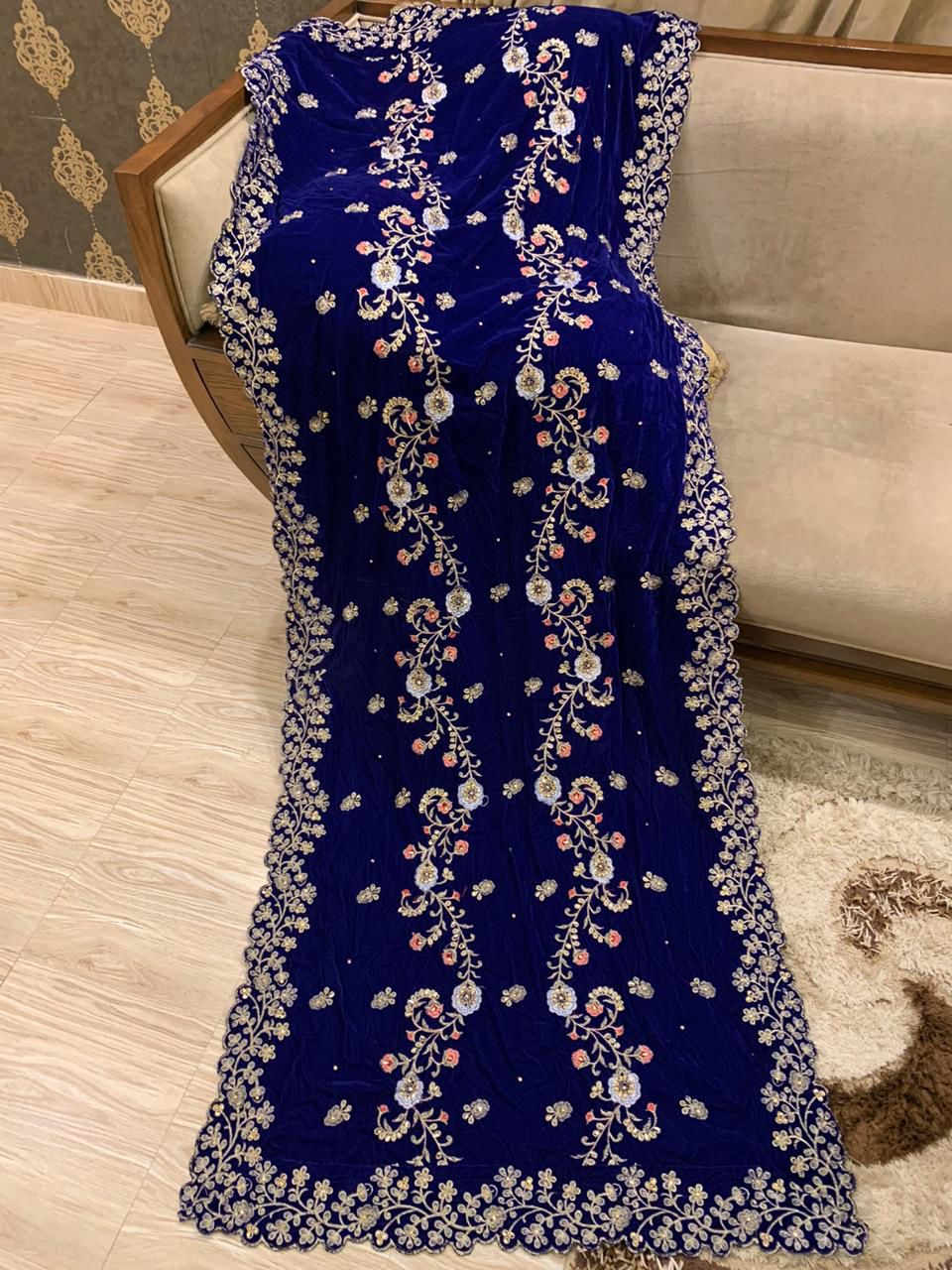 Velvet Embroidered Shawl - Royal Blue