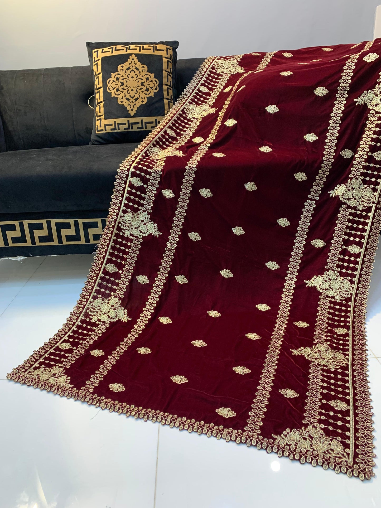 Velvet Embroidered Shawl - Maroon