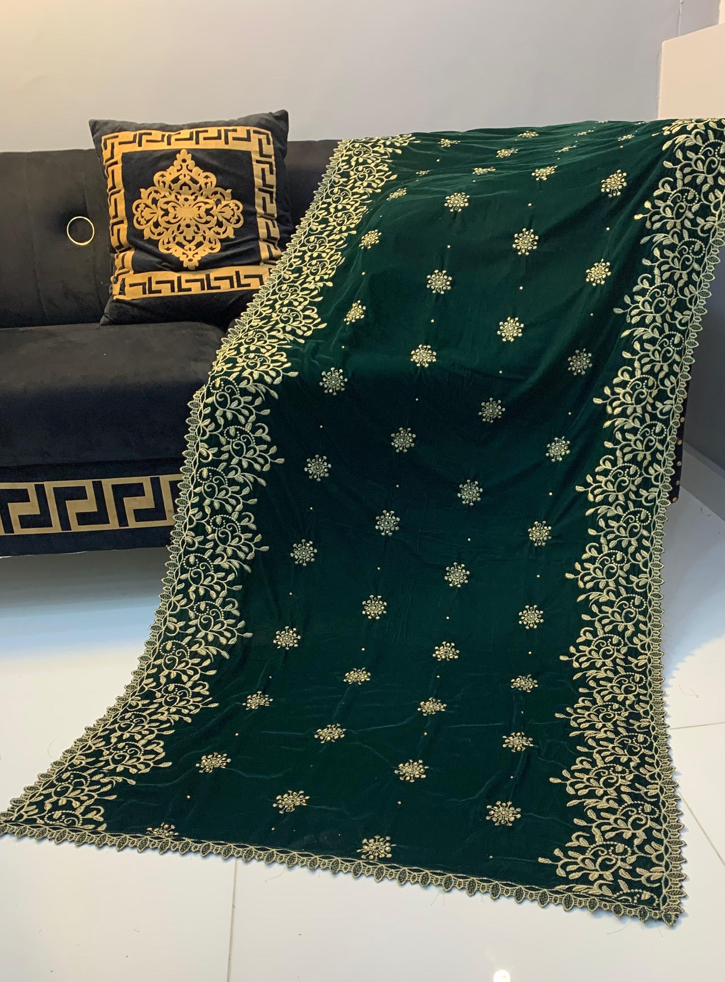 Velvet Embroidered Shawl - Bottle Green