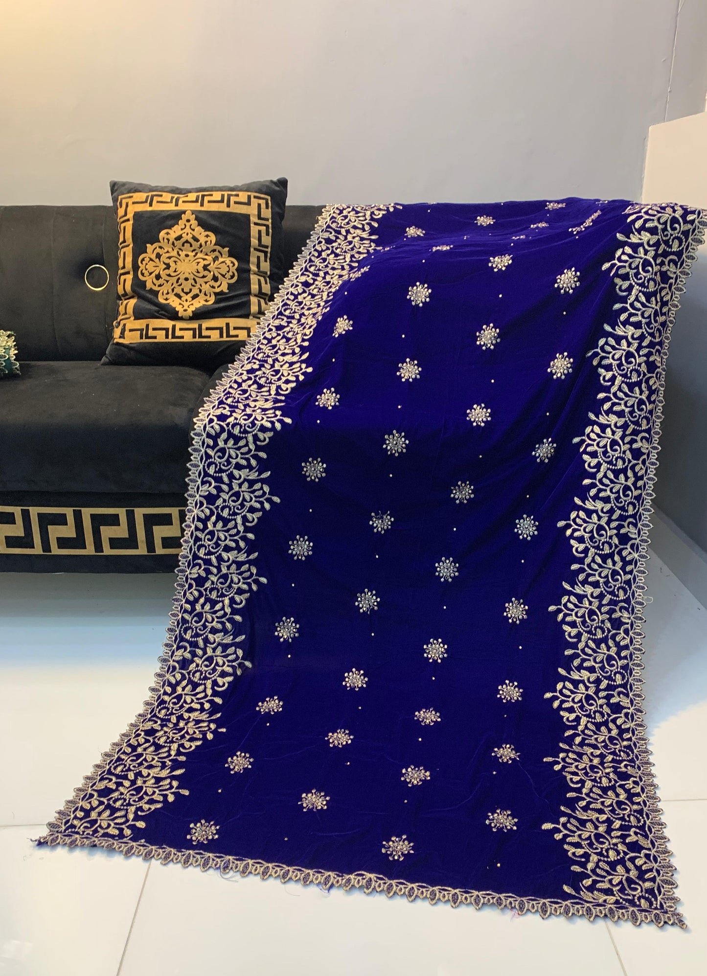 Velvet Embroidered Shawl - Royal Blue