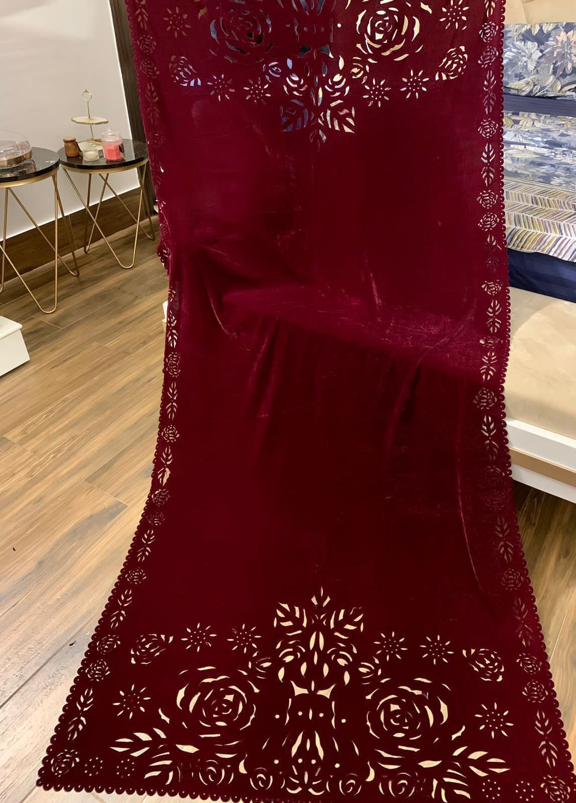 Laser Cut Velvet Shawl Red