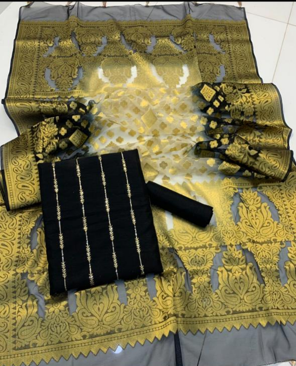 Raw Silk Embroidered Partywear 3pc Dress - Black