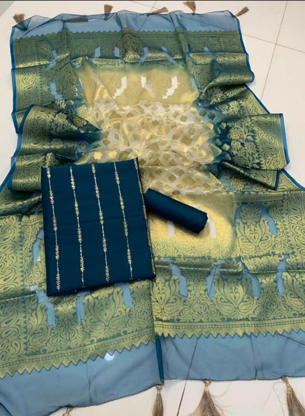 Raw Silk Embroidered Partywear 3pc Dress - Peacock