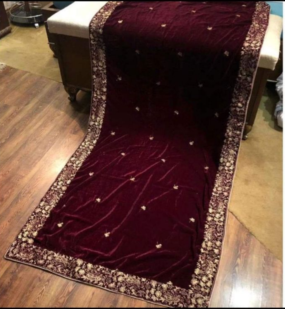 Velvet Embroidered Shawl - Maroon