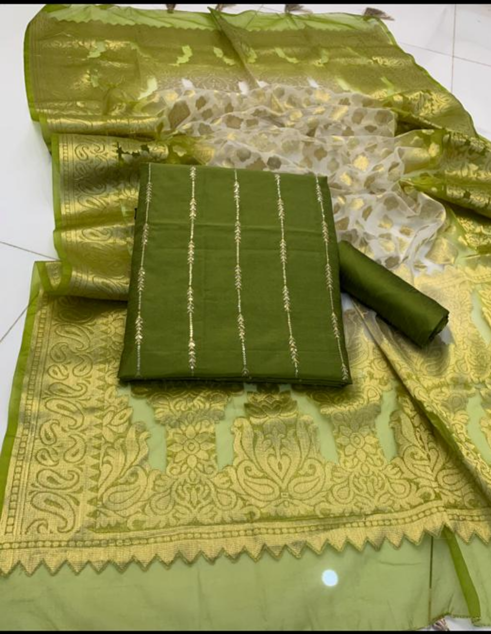 Raw Silk Embroidered Partywear 3pc Dress - Mehendi Green