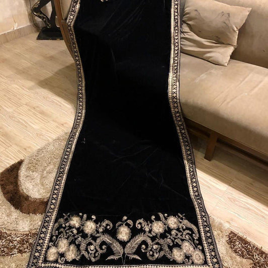 Velvet Embroidered Shawl - Jet Black