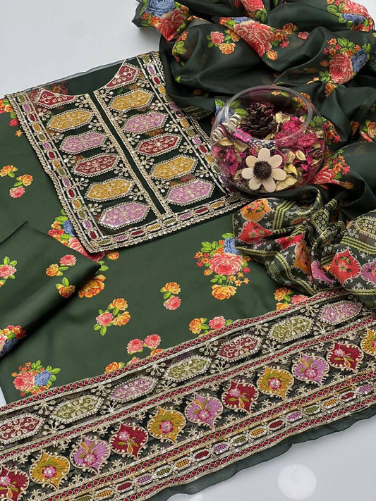 Embroidered Silk 3pc Digital Printed