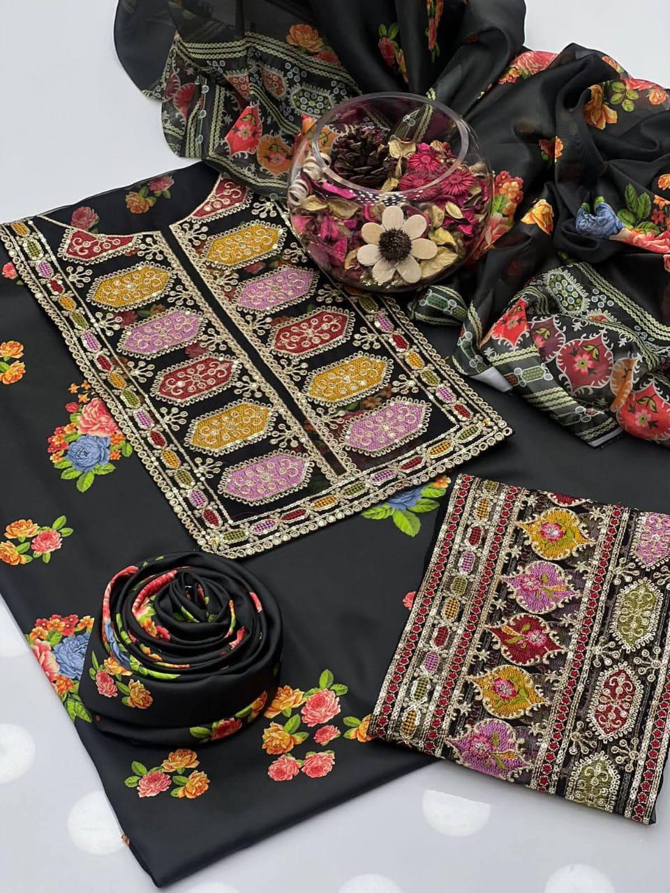 Embroidered Silk 3pc Digital Printed