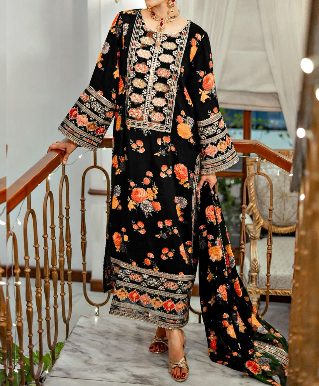 Embroidered Silk 3pc Digital Printed