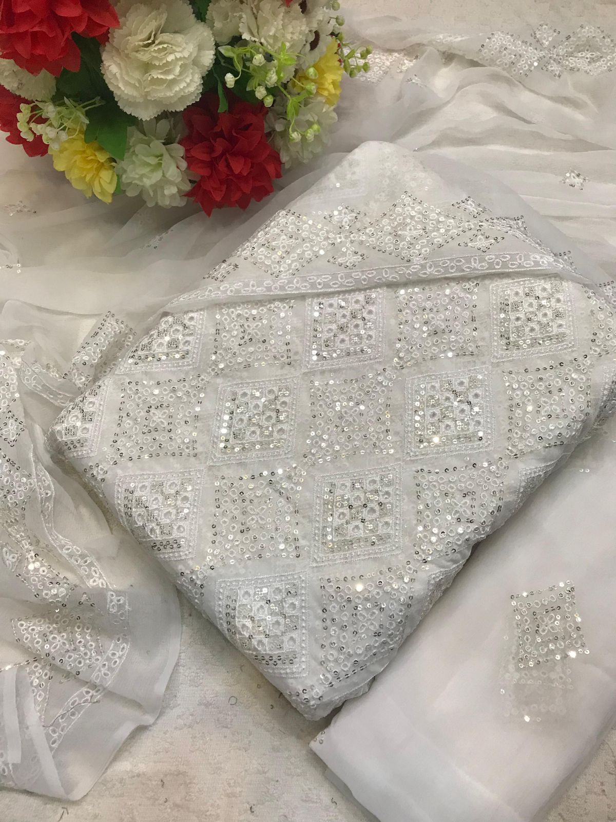 Chikankari Chiffon 3pc Embroidered Dress