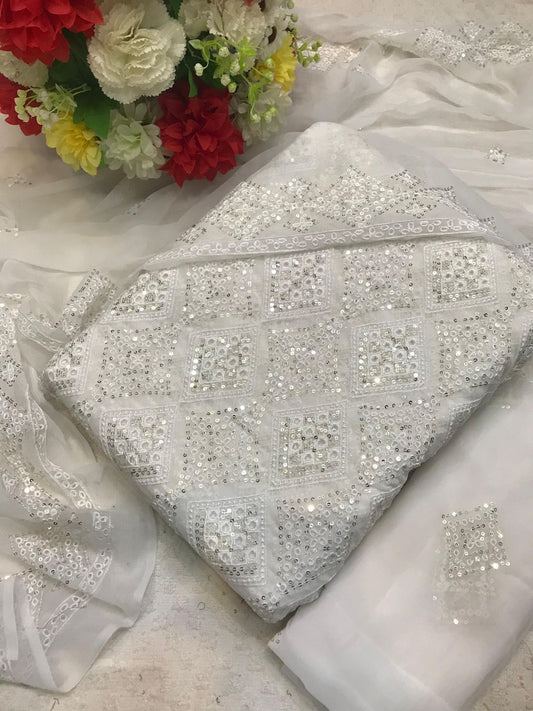 Chikankari Chiffon 3pc Embroidered Dress