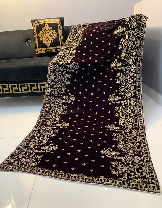 Velvet Embroidered Shawl - Burgundy Dark
