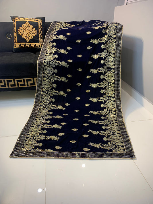 Velvet Embroidered Shawl - Navy Blue