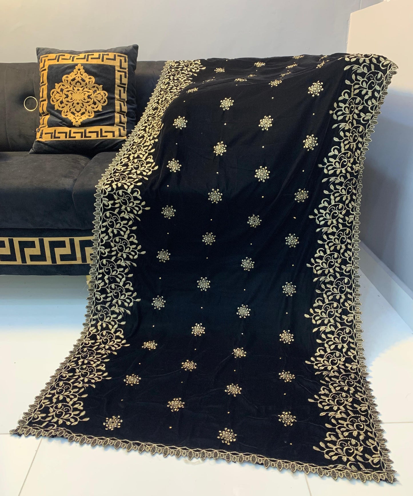 Velvet Embroidered Shawl - Jet Black