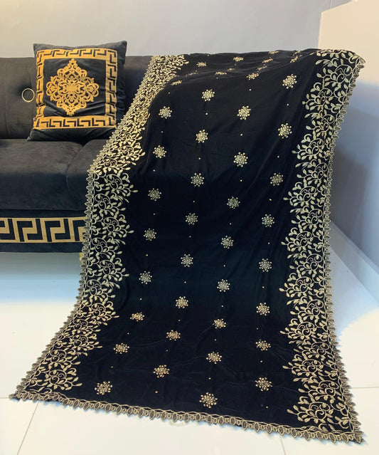 Velvet Embroidered Shawl - Jet Black