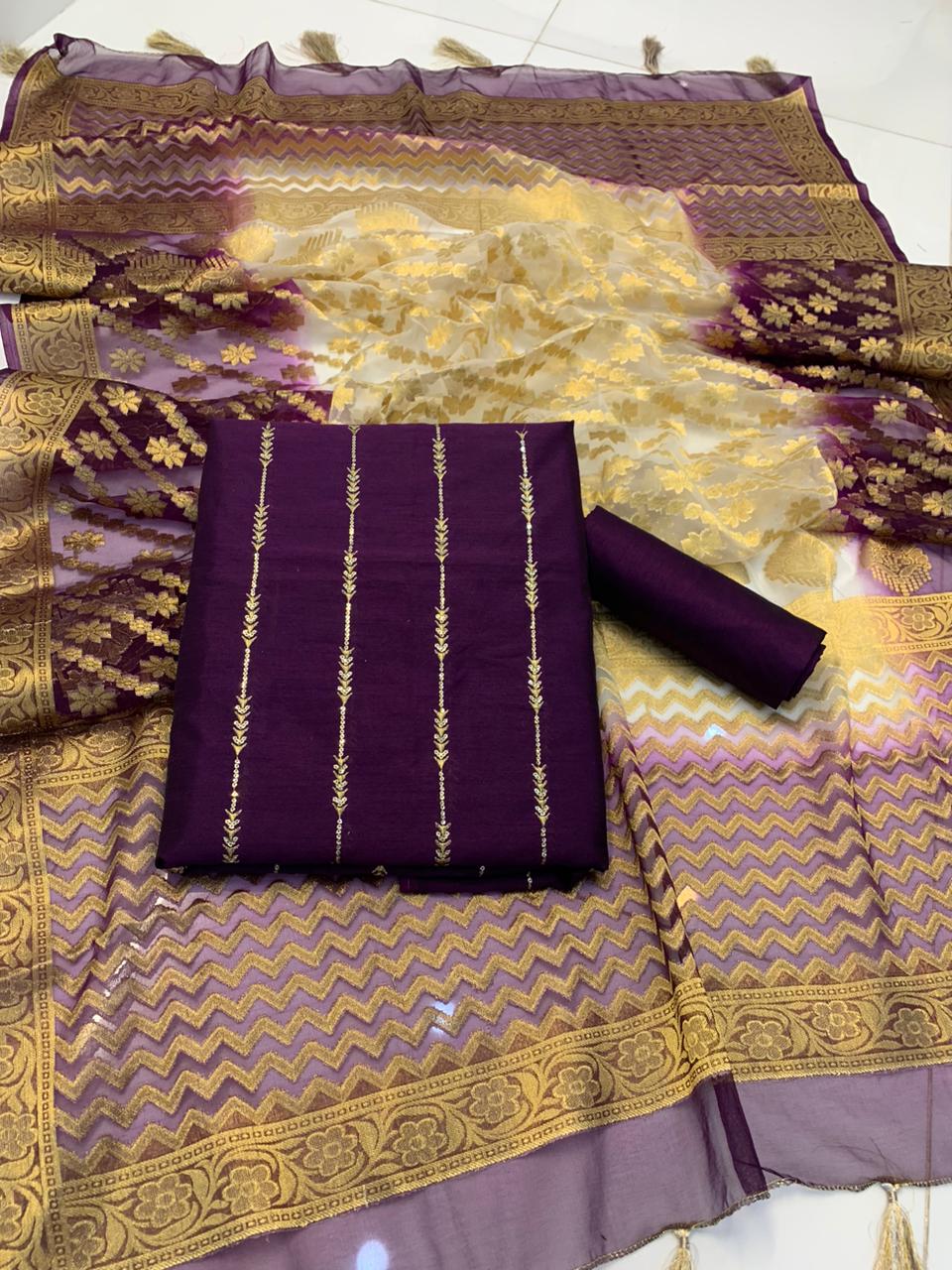 Raw Silk Embroidered Partywear 3pc Dress - Burgundy