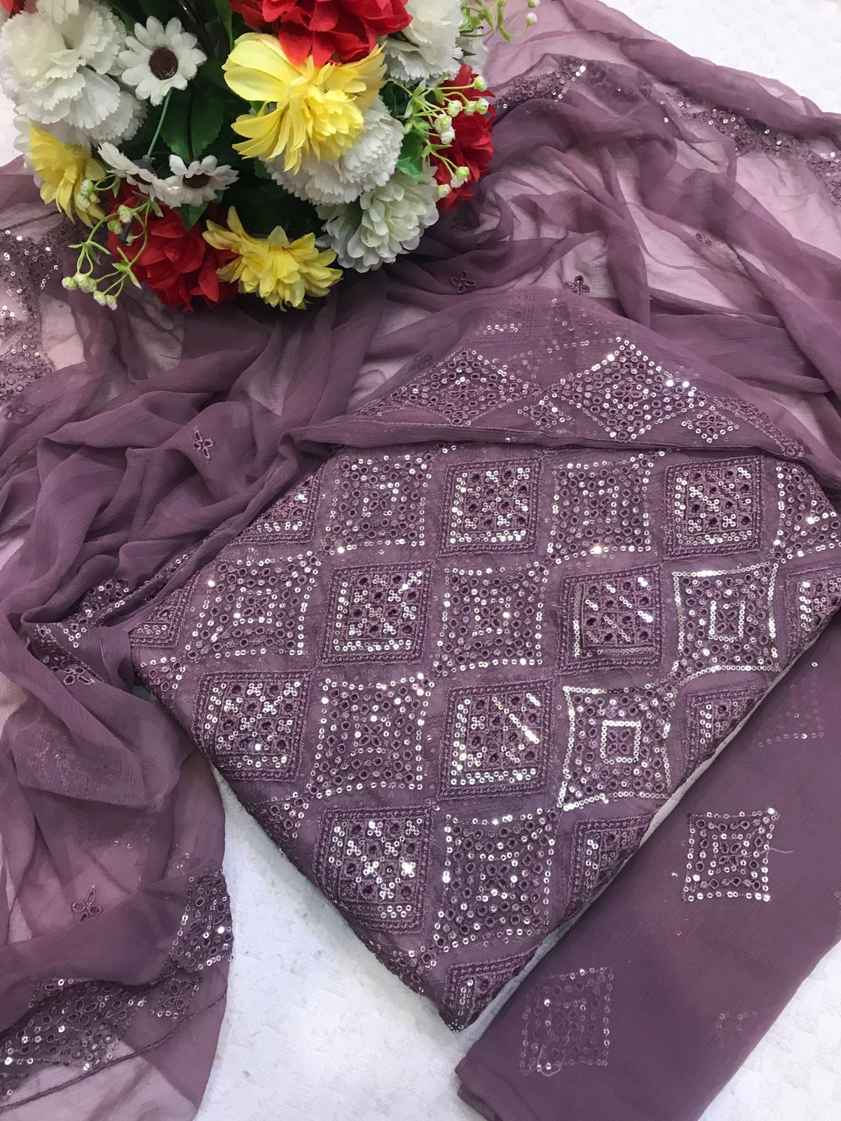 Chikankari Chiffon 3pc Embroidered Dress