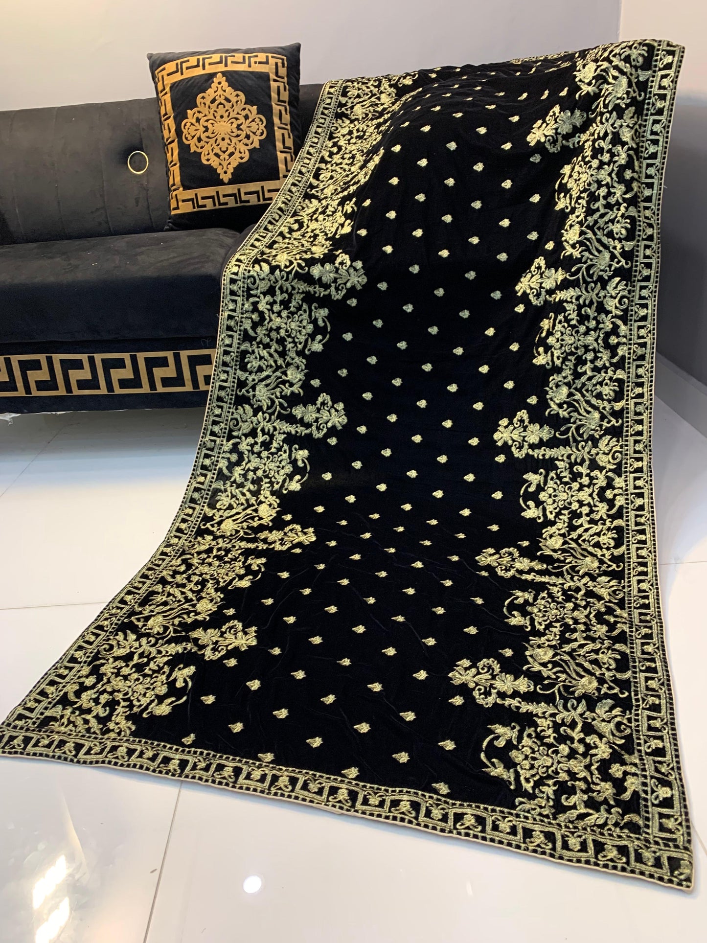 Velvet Embroidered Shawl - Black