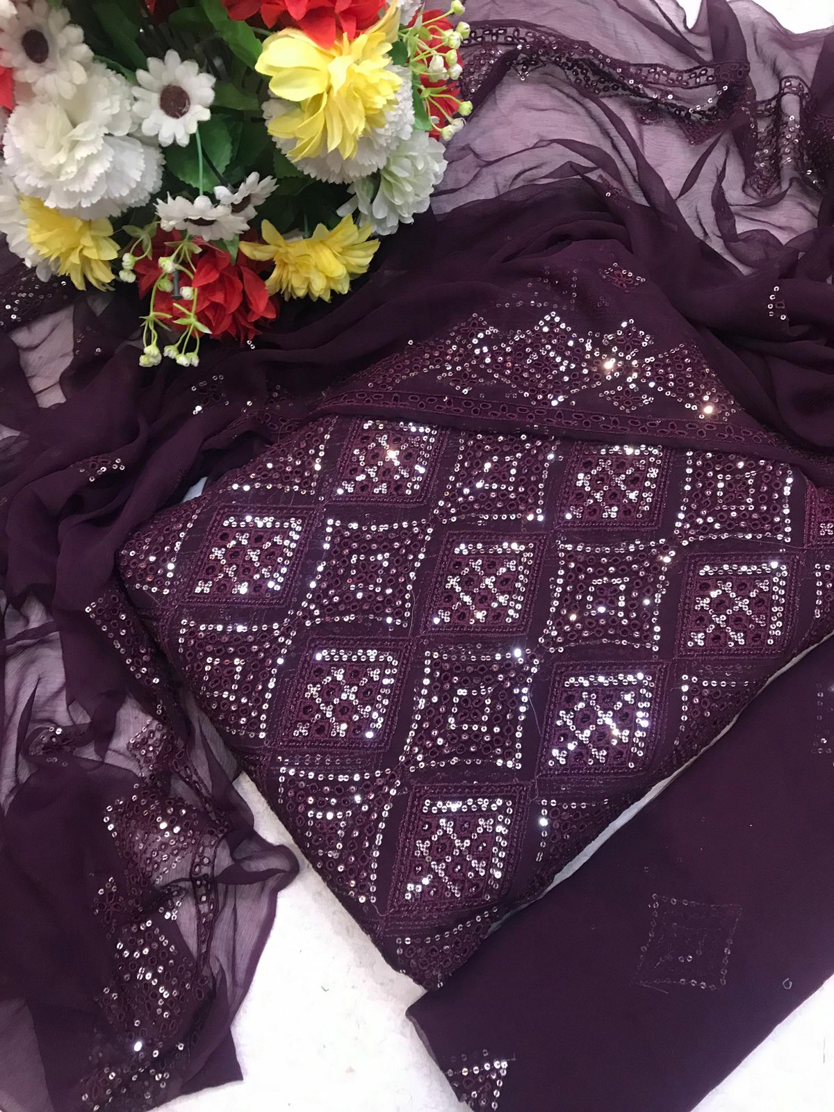 Chikankari Chiffon 3pc Embroidered Dress