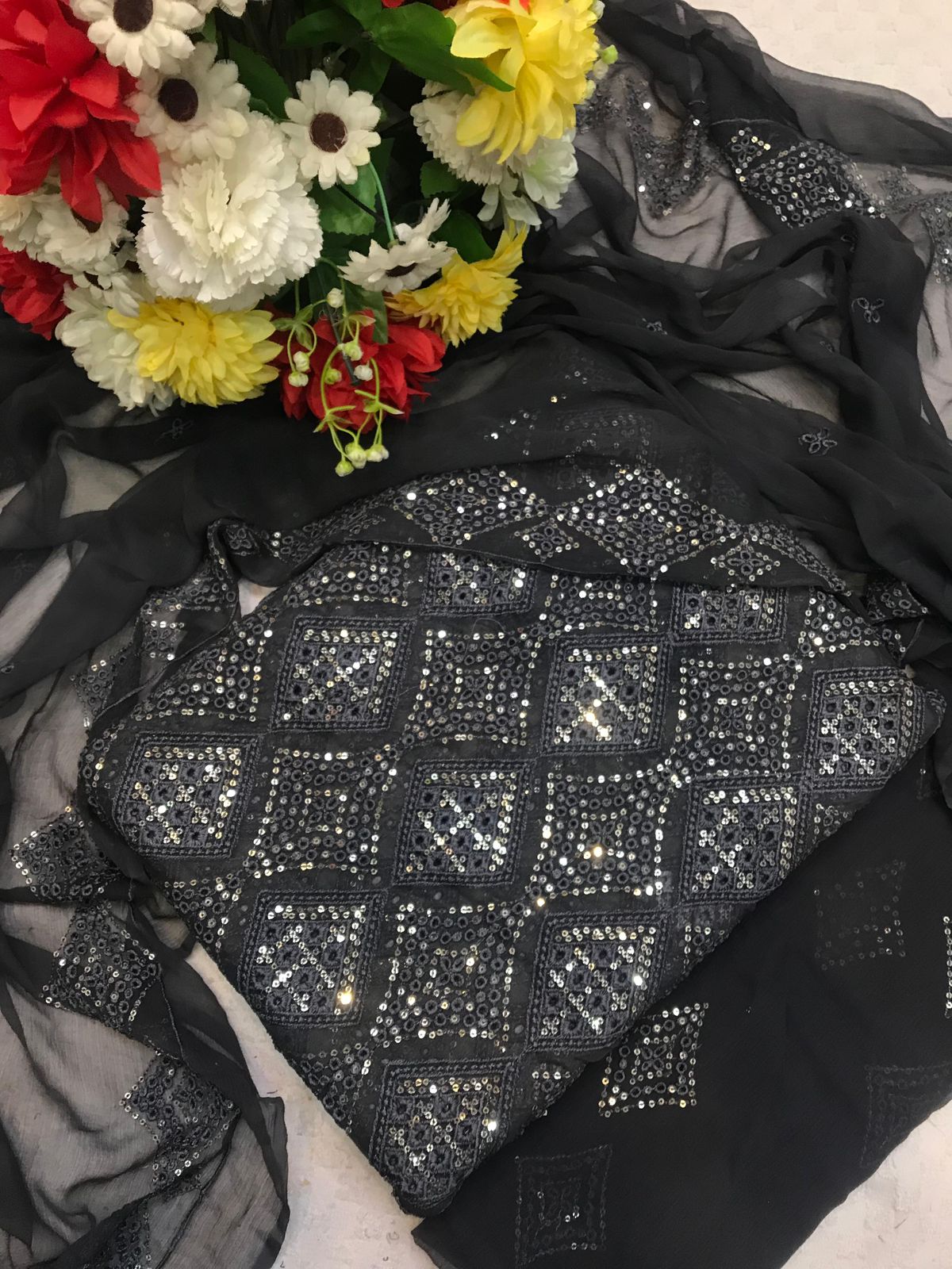 Chikankari Chiffon 3pc Embroidered Dress