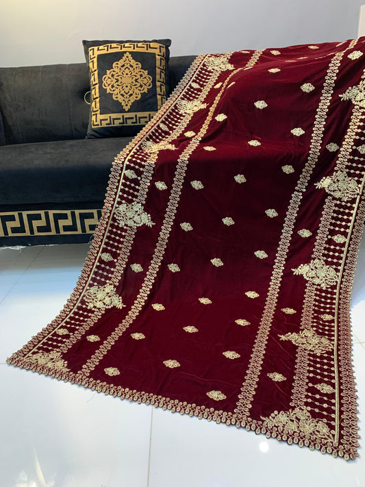 Velvet Embroidered Shawl - Maroon
